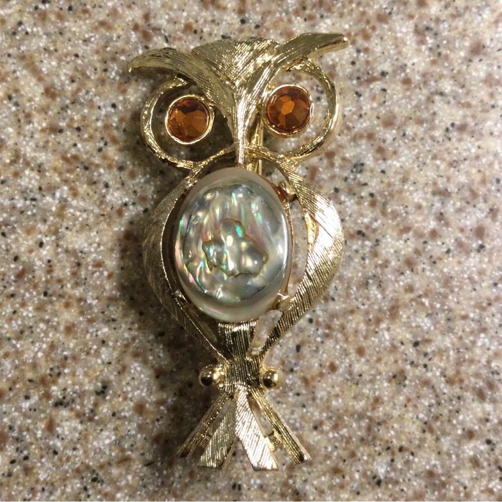 Vintage - Gold Owl Brooch with Abalone Center and Amber Stones